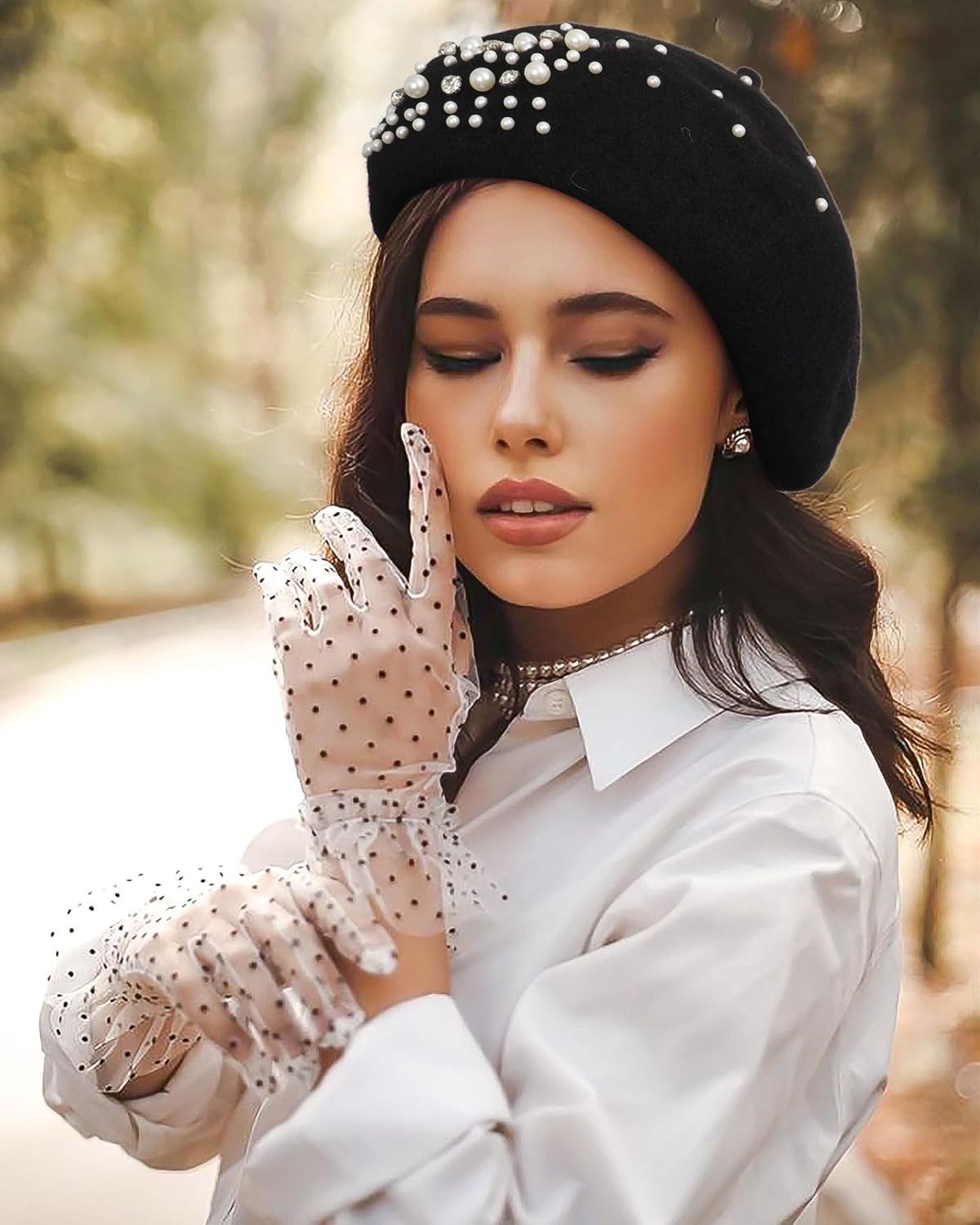 Classic rench Wool Beret with Pearl & Rhinestone Embellishments, Beanie Cap Style Hat or Women and Girls