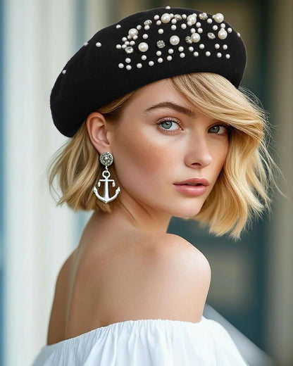 Classic rench Wool Beret with Pearl & Rhinestone Embellishments, Beanie Cap Style Hat or Women and Girls