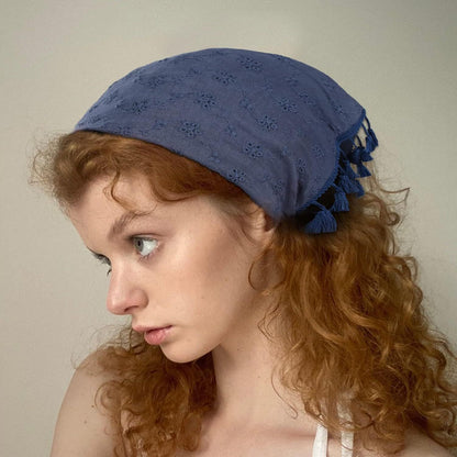 loral Tassels Hair Scar Headband - 2PCS Cotton Hair Bandana Scar With Tassels Tie Back Head Kerchie Headband or Women and Girls (Navy Blue+White)