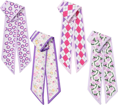 4Pcs Twilly Scar or Handbags 5.9" x 59" Silk-Like Satin Skinny Neck Scar or Purse Lightweight Headband Hair Tie