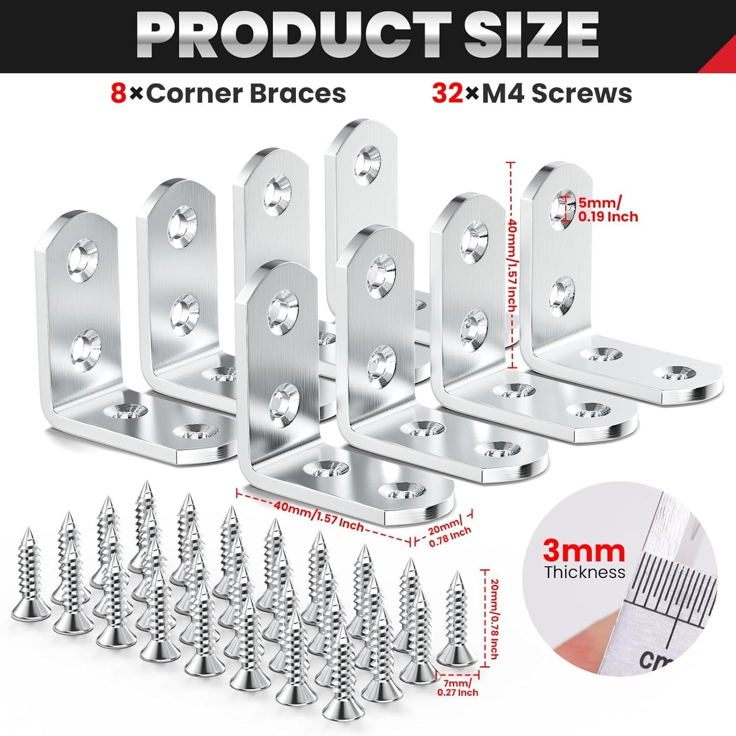 8 PCS Heavy Duty Corner Brace, 40x40mm Stainless Steel Joint Right Angle Brackets with Screws, 90 Degree Wall Brackets Hanger or Shelves, Tables, Dressers, Chairs, Silver