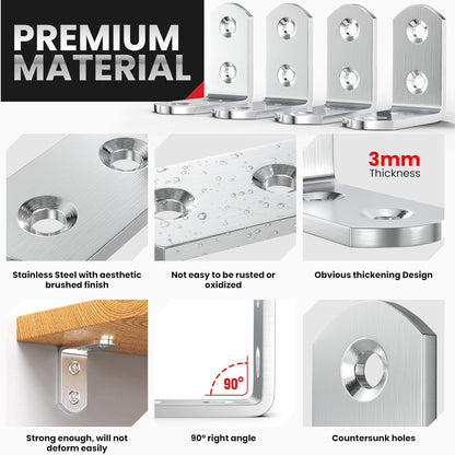8 PCS Heavy Duty Corner Brace, 40x40mm Stainless Steel Joint Right Angle Brackets with Screws, 90 Degree Wall Brackets Hanger or Shelves, Tables, Dressers, Chairs, Silver