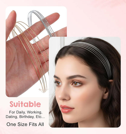 2Pcs Metal Headbands for Women, Silver & Gold Thin Metal Headbands for Women Multi Layers Double Headband, Trendy Layered Design Perfect for Parties & Daily Wear