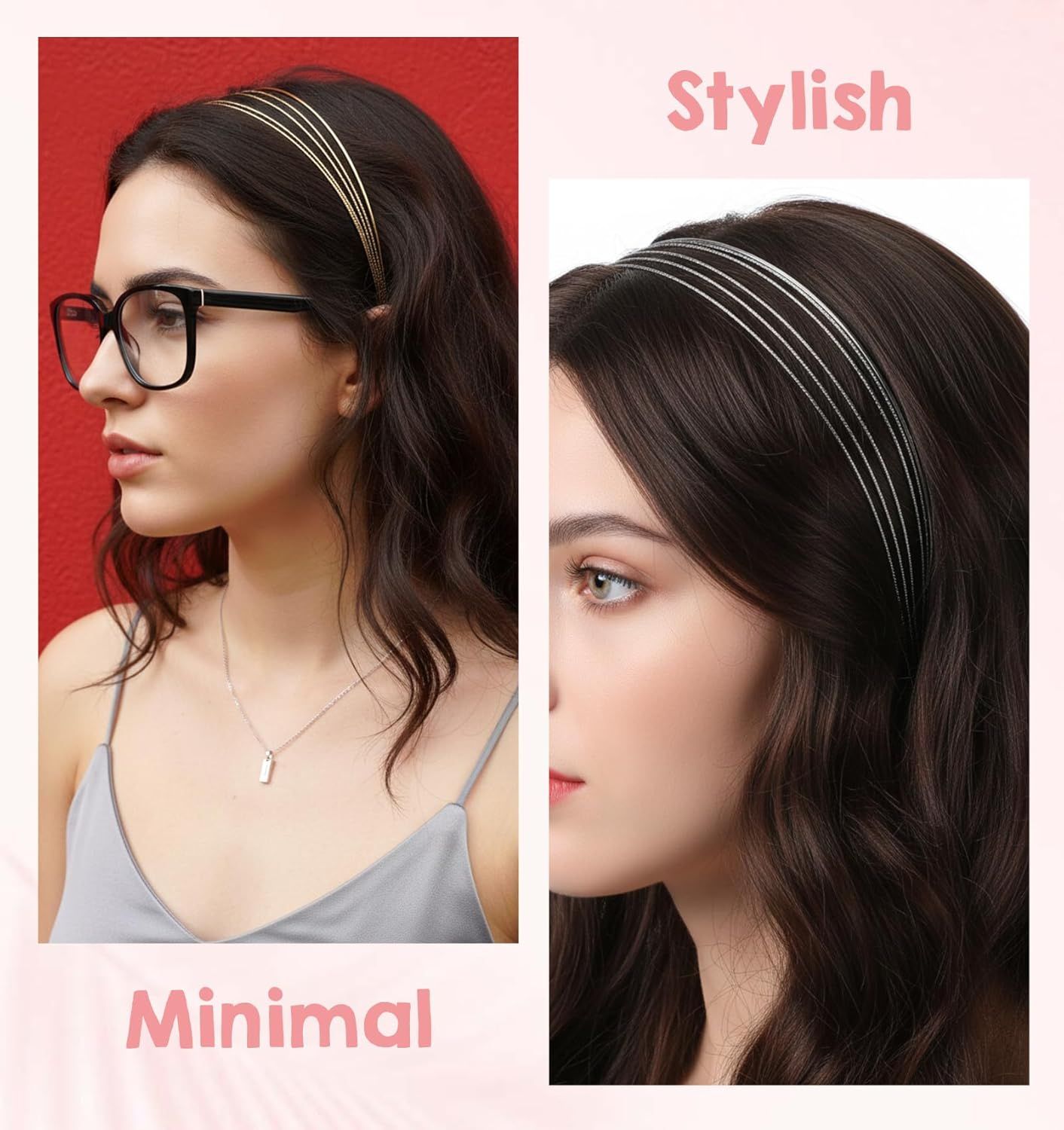 2Pcs Metal Headbands for Women, Silver & Gold Thin Metal Headbands for Women Multi Layers Double Headband, Trendy Layered Design Perfect for Parties & Daily Wear