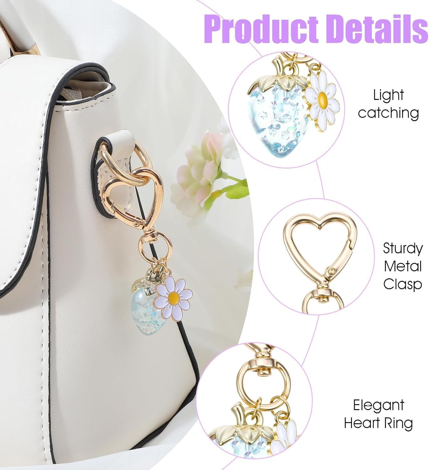 Strawberry Purse Charm, 4 Pcs Strawberry Keychain Charm for Girls Handbag (4 Colors, 2.83 Inch)