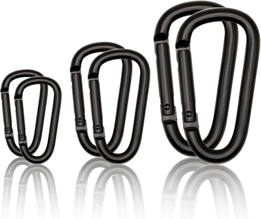 Black Carabiner Clip, Includes Mini 2 Inch Carbineers, Small 2.3" D Ring Clip, Large 3 Inch Carabiner Heavy Duty, Aluminum Caribiner Keychain Hook for Backpack Hiking Camping