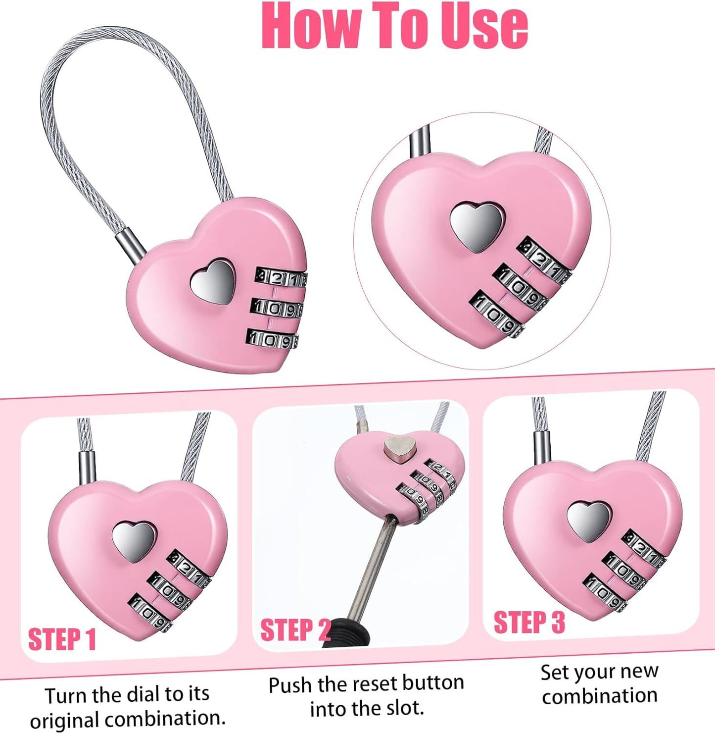 Pink Locker Lock, 3Pcs Heart Shaped Lock, Heart Locks for Suitcase & Locker (3 Colors)