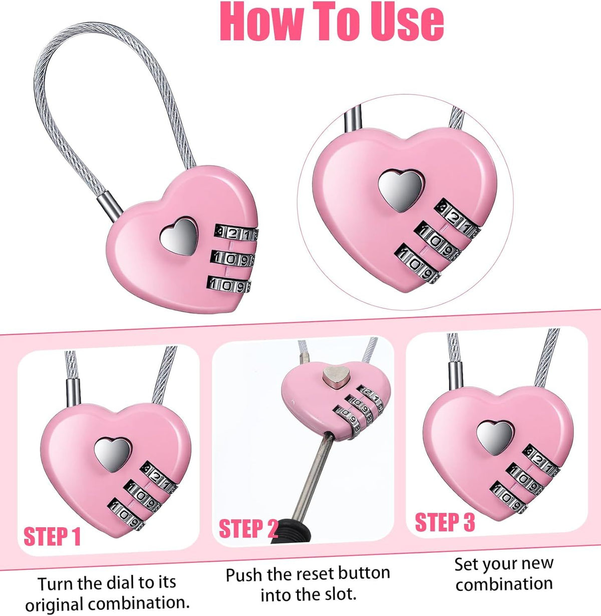 Pink Locker Lock, 3Pcs Heart Shaped Lock, Heart Locks for Suitcase & Locker (3 Colors)