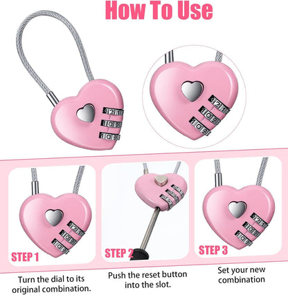 Pink Locker Lock, 3Pcs Heart Shaped Lock, Heart Locks for Suitcase & Locker (3 Colors)