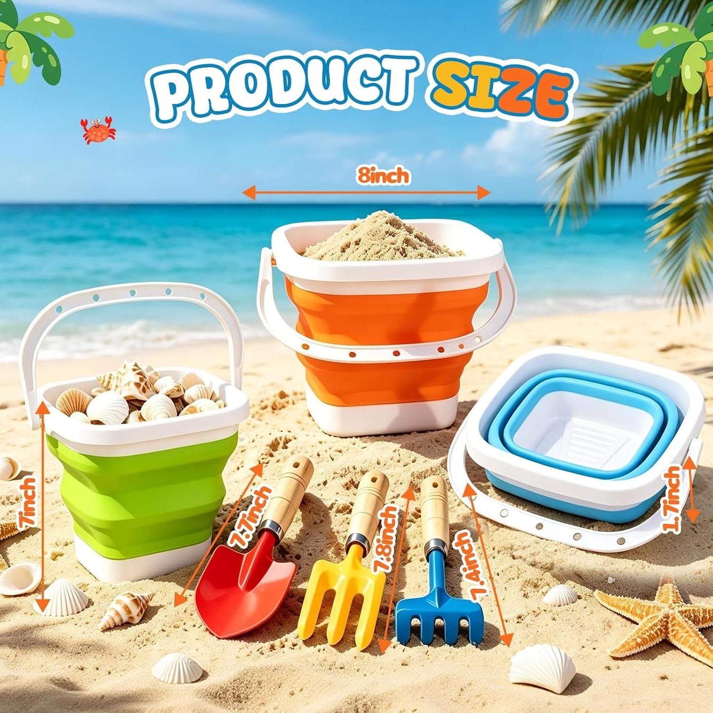 Collapsible Beach Bucket with Metal Shovels Set, Beach Toys Gifts for Adults, ABS Foldable Pails for Pool, Camping, Easter Party, Fishing, Summer Winter Activities 6PCS