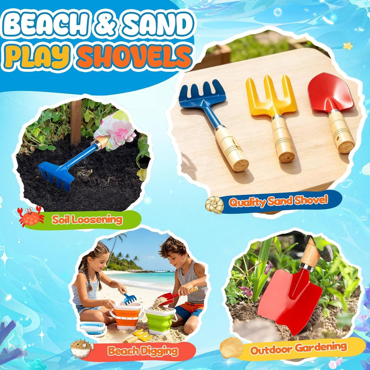 Collapsible Beach Bucket with Metal Shovels Set, Beach Toys Gifts for Adults, ABS Foldable Pails for Pool, Camping, Easter Party, Fishing, Summer Winter Activities 6PCS