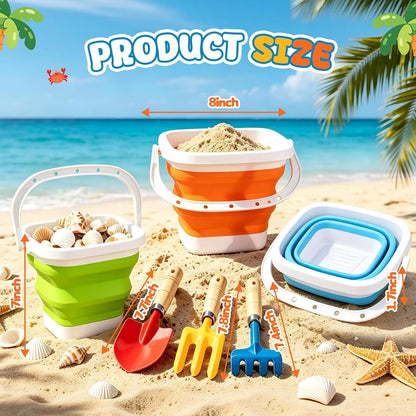 Gardening Tools Set Foldable Beach Bucket with Metal Shovels for Adults, Collapsible Pails Sand Bucket for Basket Camping Outdoor Gardening Fishing, Essential Travel Gadget 6PCS