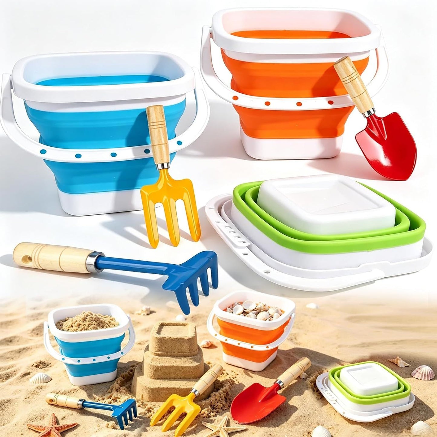 Gardening Tools Set Foldable Beach Bucket with Metal Shovels for Adults, Collapsible Pails Sand Bucket for Basket Camping Outdoor Gardening Fishing, Essential Travel Gadget 6PCS