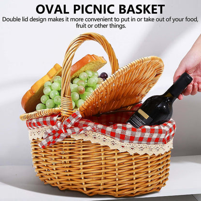 Country Style Wicker Picnic Basket Hamper With Lid And Handle & Liners For Picnic, Parties