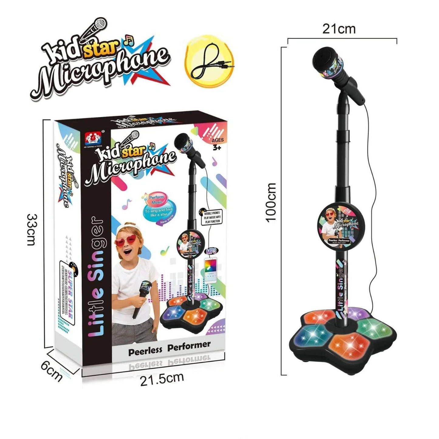 Babies Microphone with Stand, Singing Toys for Girls and Boys with Music and Light, Adjustable Standing Babies Karaoke Machine with Light - Black