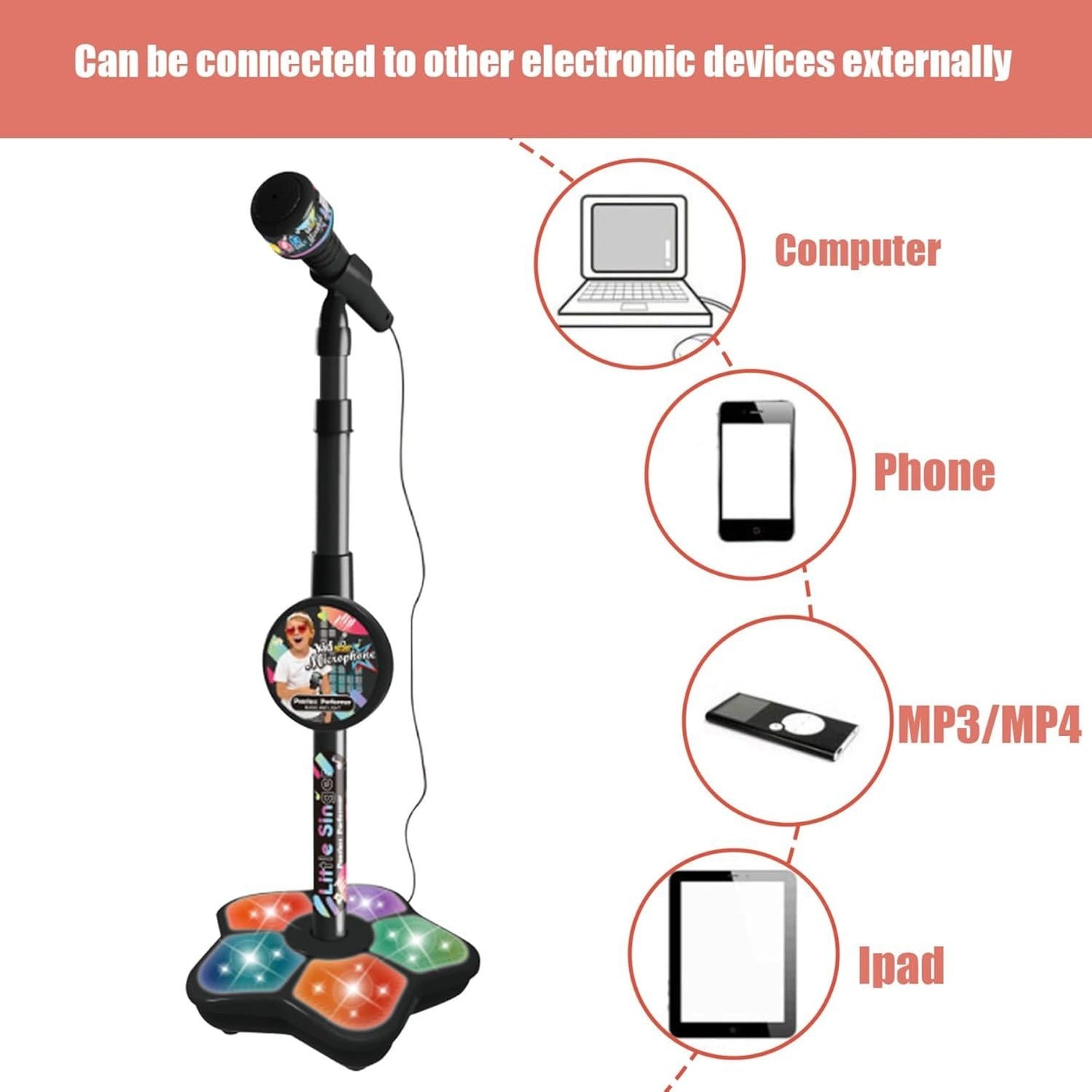 Babies Microphone with Stand, Singing Toys for Girls and Boys with Music and Light, Adjustable Standing Babies Karaoke Machine with Light - Black