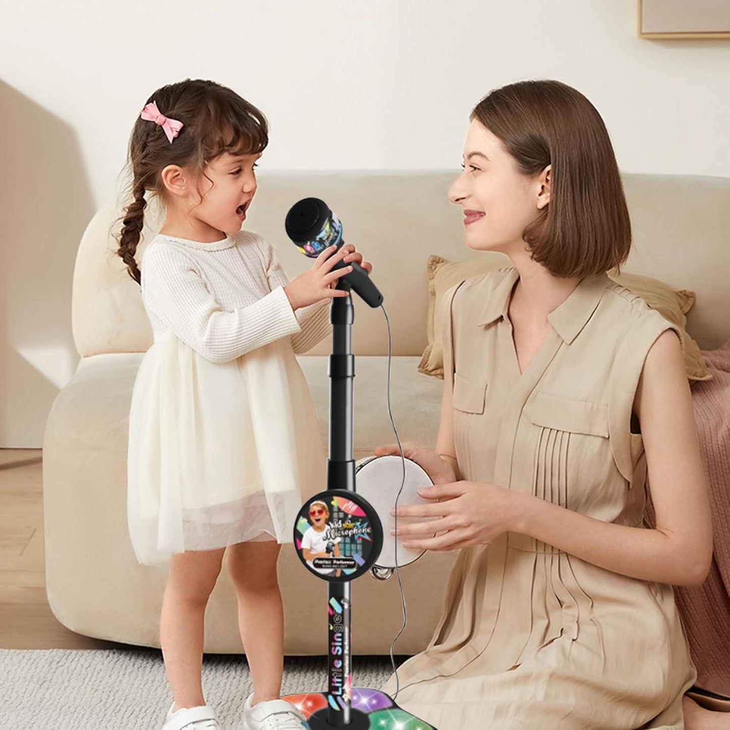 Babies Microphone with Stand, Singing Toys for Girls and Boys with Music and Light, Adjustable Standing Babies Karaoke Machine with Light - Black