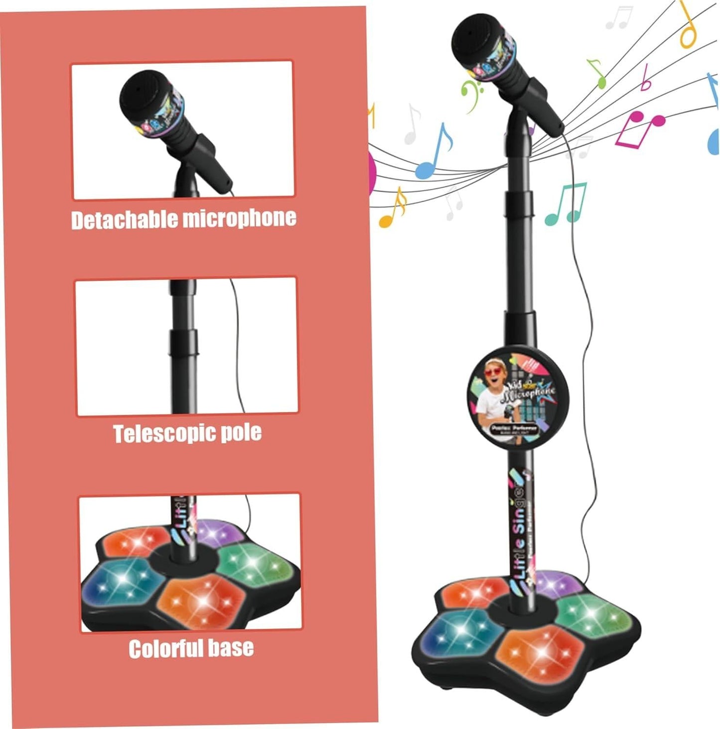 Babies Microphone with Stand, Singing Toys for Girls and Boys with Music and Light, Adjustable Standing Babies Karaoke Machine with Light - Black