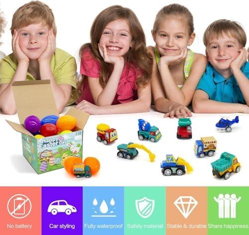 12Pcs Easter Eggs with Mini Pull-Back Cars, Stuffed Easter Eggs, for Boys and Girls