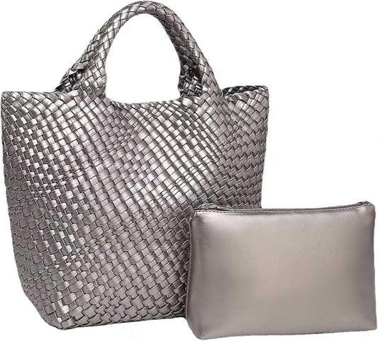 Woven Tote Bag for Women Soft Leather Handbag with Pocket