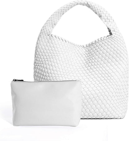 Woven Tote Bag for Women Soft Leather Handbag with Pocket