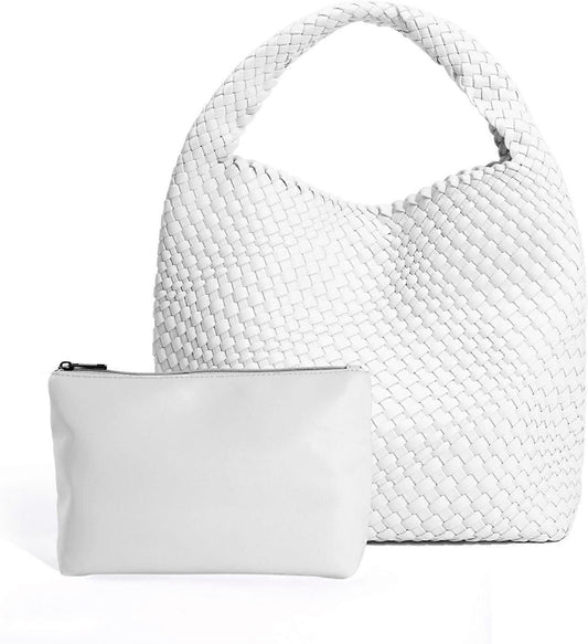 Woven Tote Bag for Women Soft Leather Handbag with Pocket