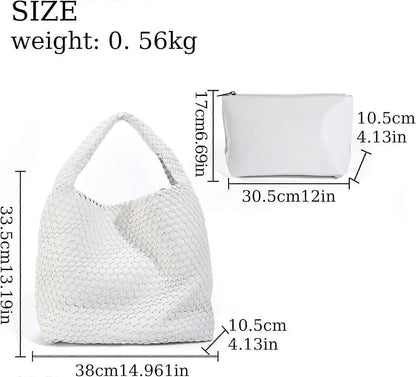 Woven Tote Bag for Women Soft Leather Handbag with Pocket
