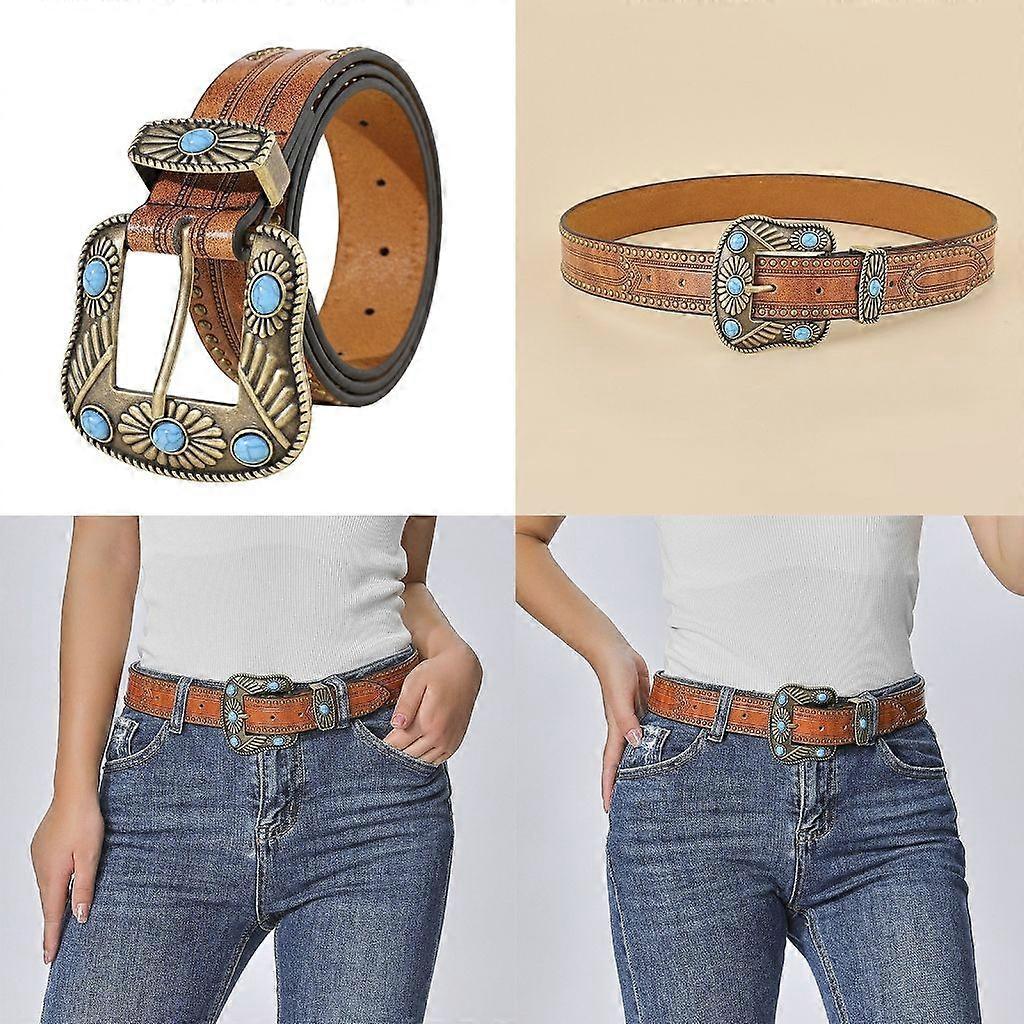 Vintage Western Leather Belt with Cowboy Turquoise Buckle