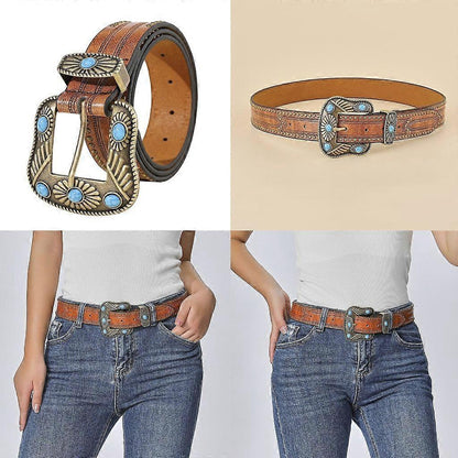 Vintage Western Leather Belt with Cowboy Turquoise Buckle