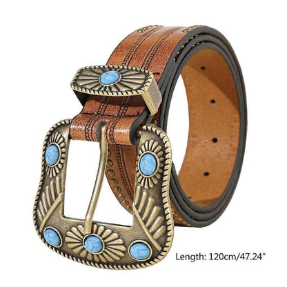 Vintage Western Leather Belt with Cowboy Turquoise Buckle