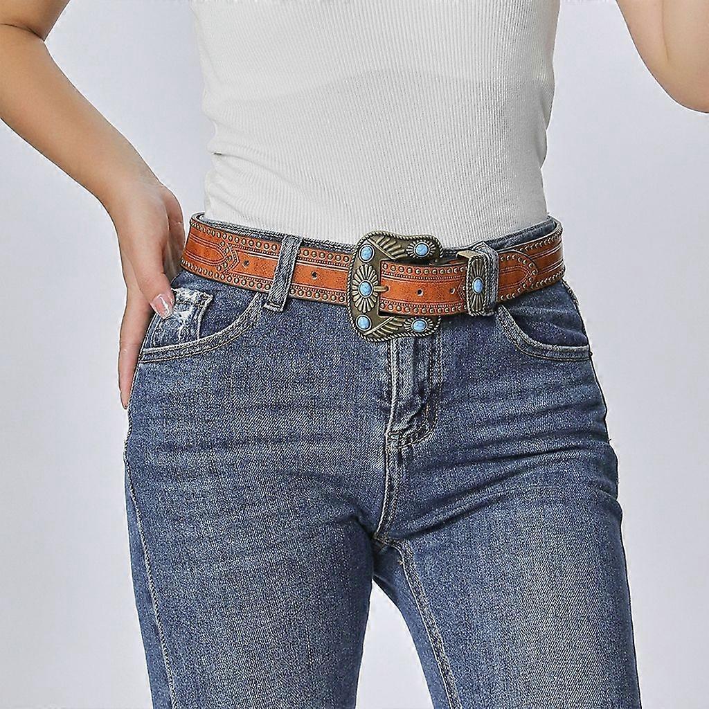 Vintage Western Leather Belt with Cowboy Turquoise Buckle