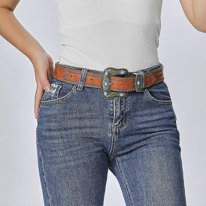 Vintage Western Leather Belt with Cowboy Turquoise Buckle
