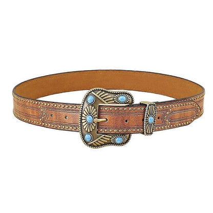 Vintage Western Leather Belt with Cowboy Turquoise Buckle