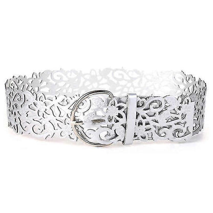 Women's Wide Leather Dress Belt with Hollow Buckle