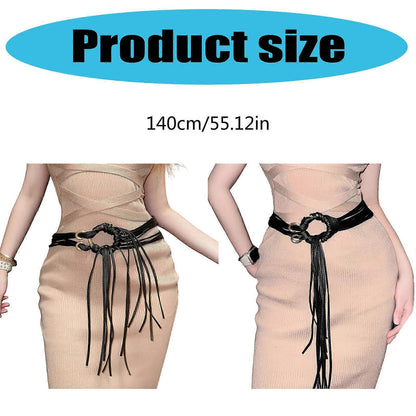 Retro Unisex Tassel Leather Belt with Hollow Out Waistband for Casual or Business