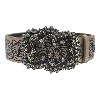Women's Coffee Vintage Floral Embossed Leather Dress Jeans Belt