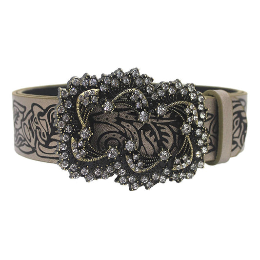Women's Coffee Vintage Floral Embossed Leather Dress Jeans Belt