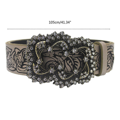 Women's Coffee Vintage Floral Embossed Leather Dress Jeans Belt