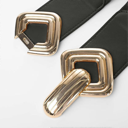 Women's 95cm Wide Elastic Stretch Leather Dress Belt with Gold Buckle