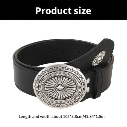 Vintage Adjustable Leather Wide Belt, Western Style with Aluminum Buckle Black