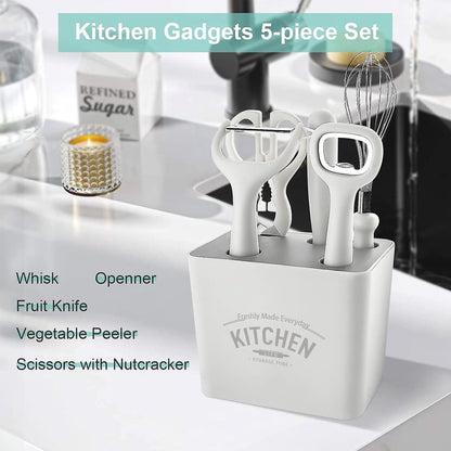 5-Piece Kitchen Gadget Set - Stainless Steel with Wooden Handles, Storage Box