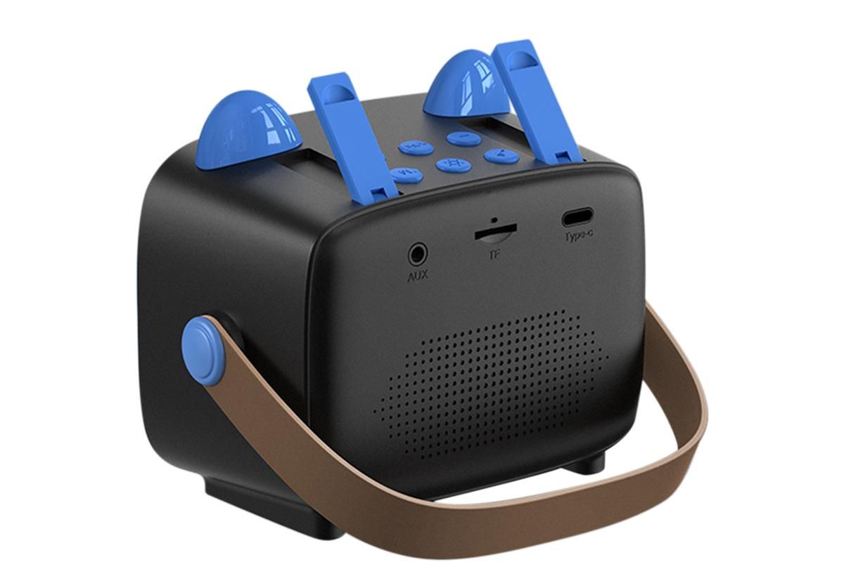 Mini Karaoke Machine Toys Gifts Portable MP3 Player with 2 Wireless Microphone - Blue