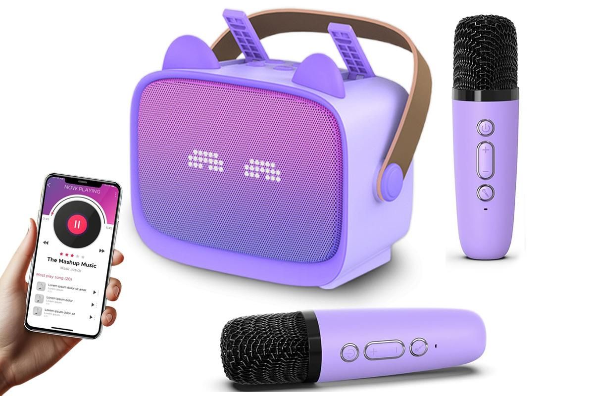 Mini Karaoke Machine Toys Gifts Portable MP3 Player with 2 Wireless Microphone - Purple