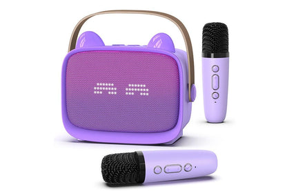 Mini Karaoke Machine Toys Gifts Portable MP3 Player with 2 Wireless Microphone - Purple
