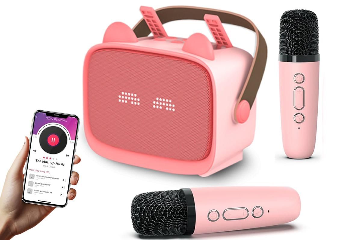Mini Karaoke Machine Toys Gifts Portable MP3 Player with 2 Wireless Microphone - Pink