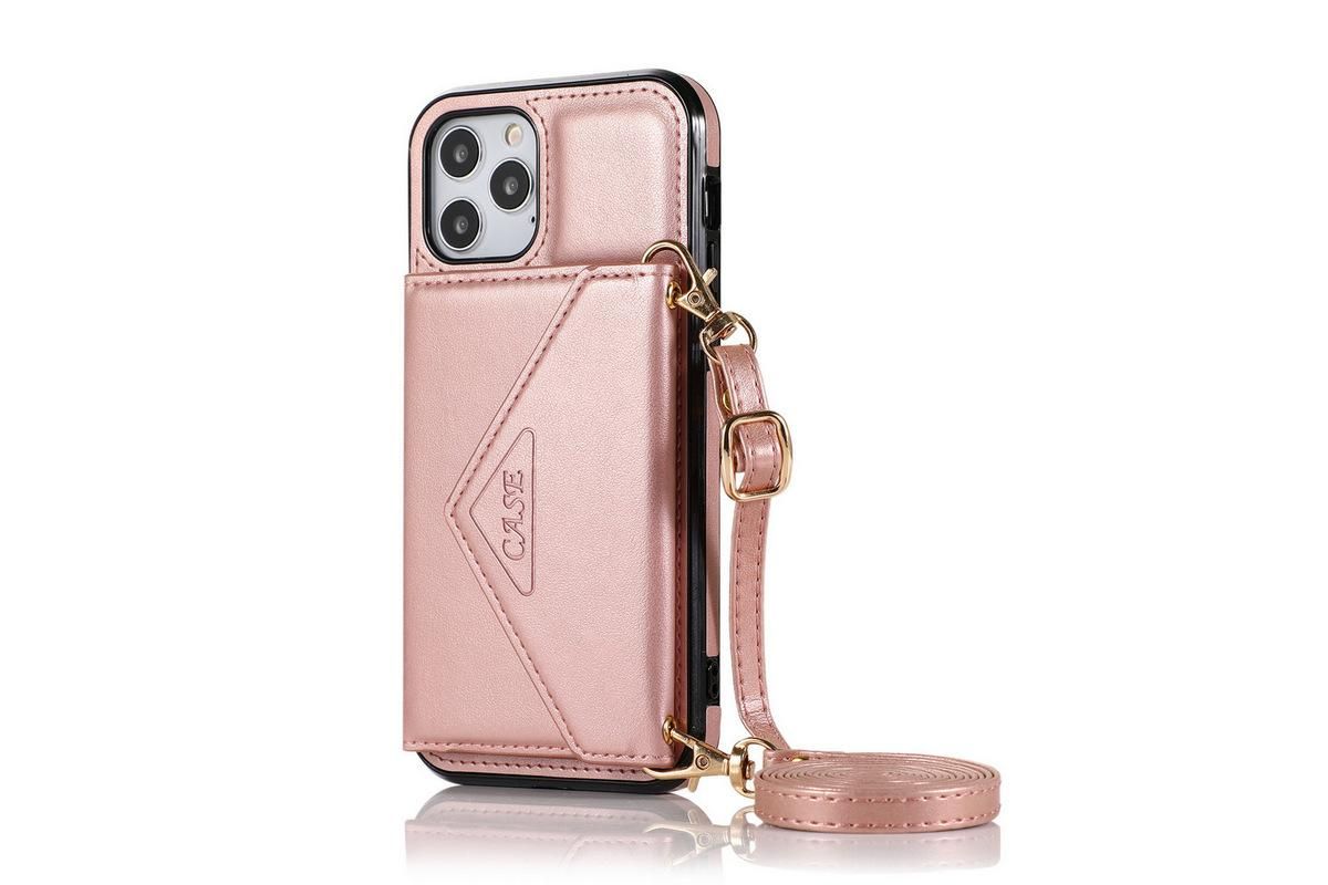 PU Leather Crossbody Phone Case Cover Wallet Card Holder for iPhone 13 Series -Rose Gold /iPhone13 Pro 6.1