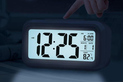 Desk Small Clock Night Light Digital Alarm Clock Battery Operated with Indoor Temperature -Black