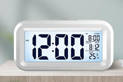 Desk Small Clock Night Light Digital Alarm Clock Battery Operated with Indoor Temperature -White