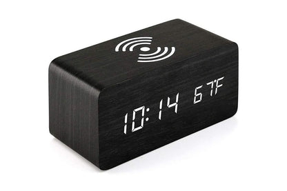 Digital Alarm Clock Wooden Table Desk Bedside LED Clock with Wireless Charger -Black