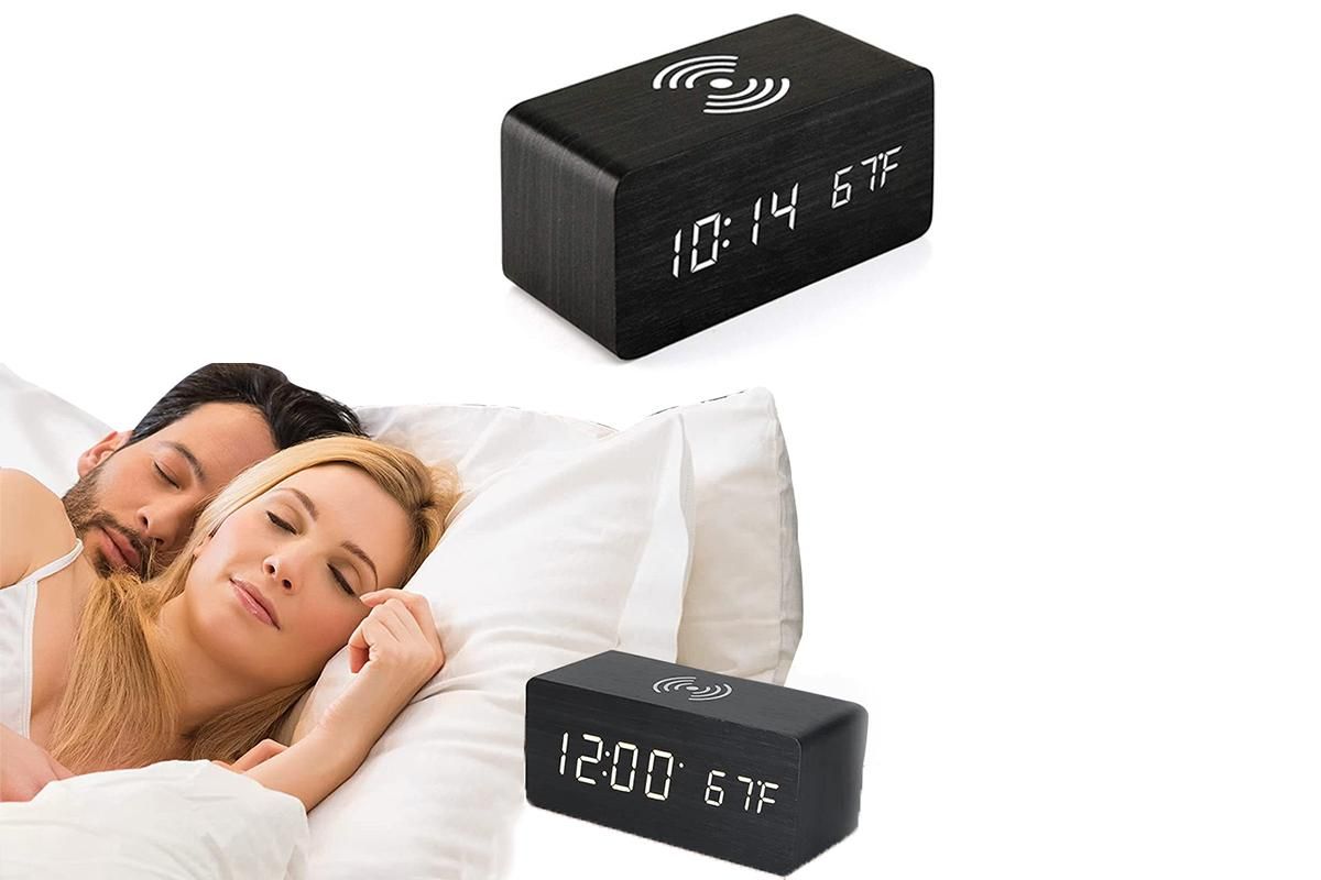 Digital Alarm Clock Wooden Table Desk Bedside LED Clock with Wireless Charger -Black